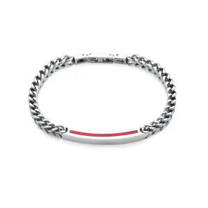 A stylish silver chain bracelet featuring a sleek metal bar with a vibrant red accent.